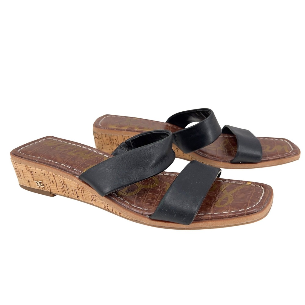 Sam Edelman Vena Womens 8.5 Black Leather Double Strap Cork Wedge Sandals